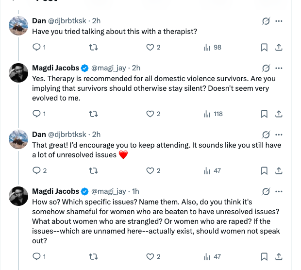 magi_jay's tweet photo. You have demonstrated quite a bit more about yourself and the utterly common tactics you engage in than you've demonstrated anything about me. You like to try to undermine DV victims on the internet. That's what you do in your free time. But you're not even very good at it. Sad. https://t.co/UOaO2h08Ee