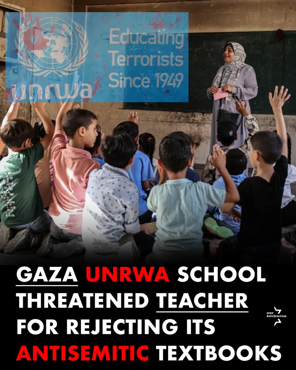 StopAntisemites's tweet photo. A Palestinian UNRWA teacher in Gaza says she raised concerns about classroom material she believed promoted hatred of Jews and praised violence.

She claims a school administrator threatened to cut out her tongue if she continued speaking up!

Children deserve an education that prepares them for a future, not one that teaches them to hate. UNRWA must be disbanded.