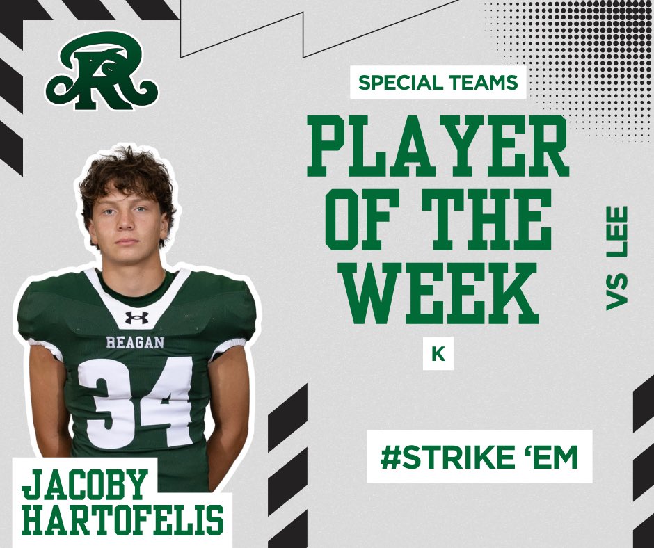 SAReaganFball's tweet photo. S/O our Varsity Players of the Week from our win vs. LEE! #StrikeEm🐍

Offensive POW - Josh Odumodu ✅
Defensive POW - Emiliano Berlin ✅
ST POW- Jacoby Hartofelis✅ https://t.co/Sju4ME99ii