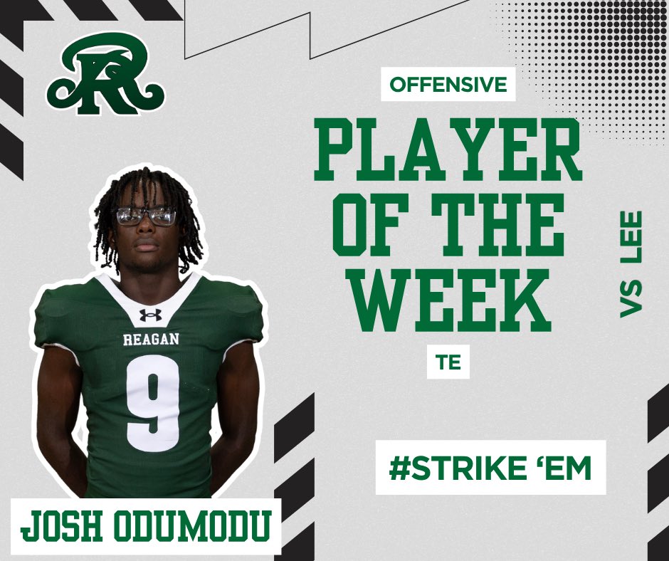 SAReaganFball's tweet photo. S/O our Varsity Players of the Week from our win vs. LEE! #StrikeEm🐍

Offensive POW - Josh Odumodu ✅
Defensive POW - Emiliano Berlin ✅
ST POW- Jacoby Hartofelis✅ https://t.co/Sju4ME99ii