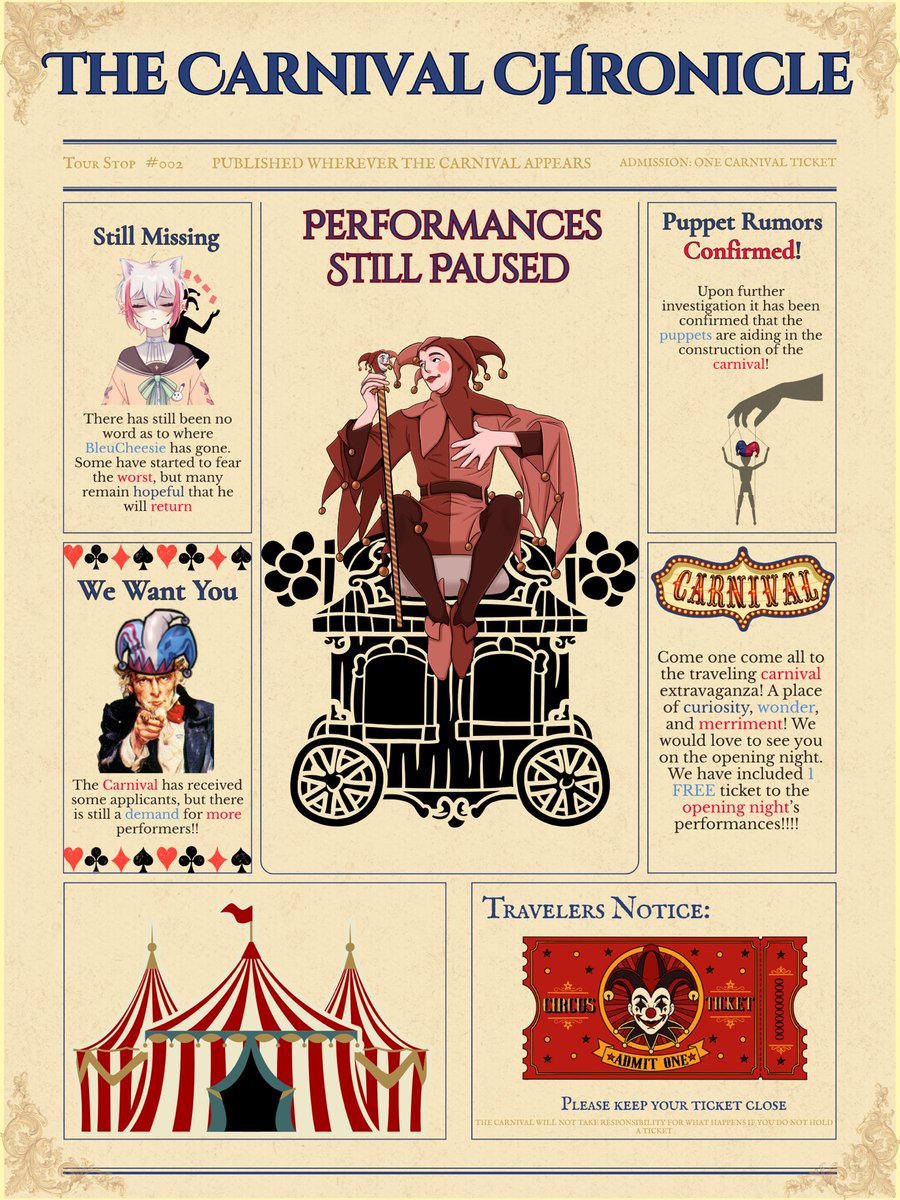 TrixBleuVT's tweet photo. Carnival Chronicle #002
BleuCheesie is still missing and performances are still paused!! https://t.co/KjBMmYQa4q
