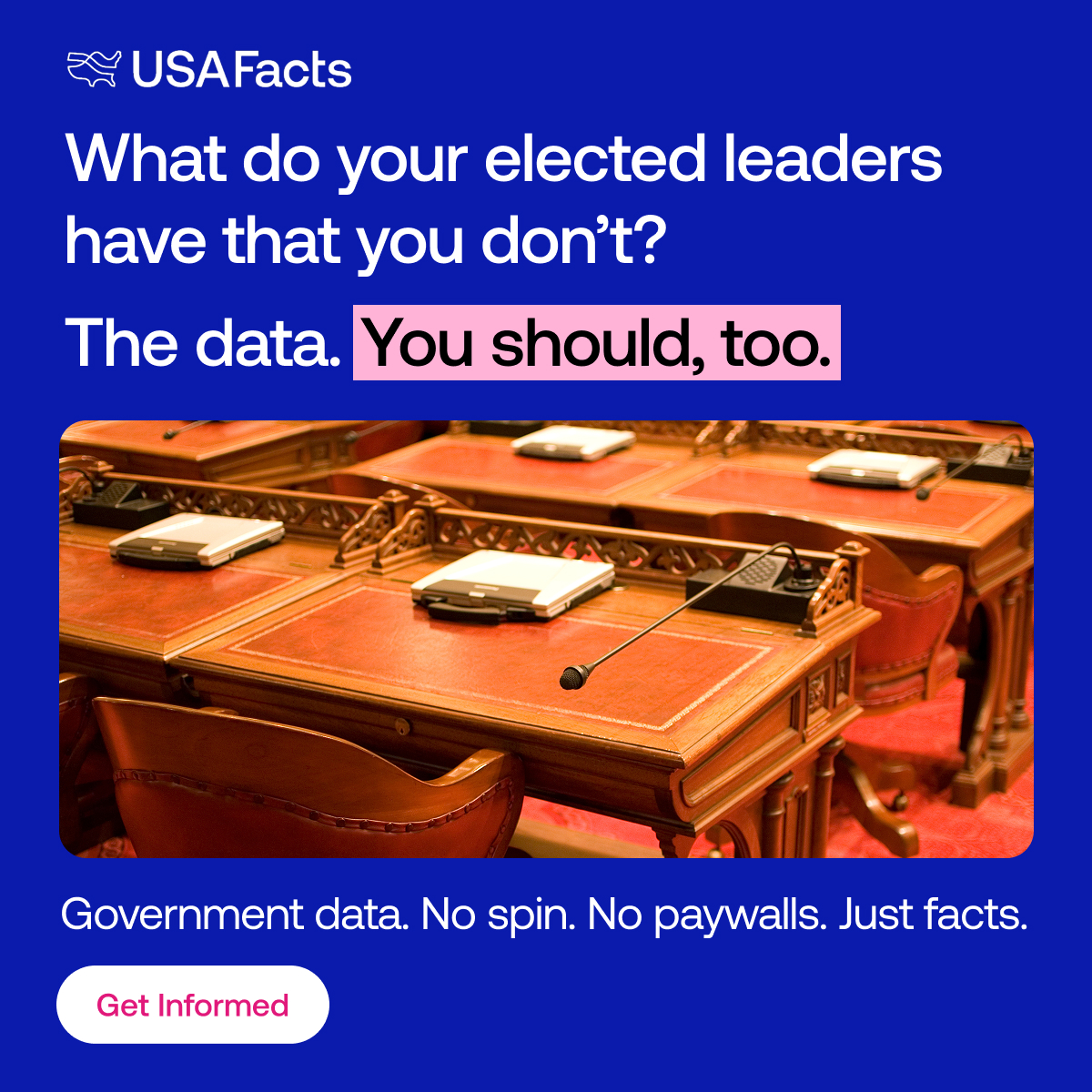 USAFacts's tweet photo. Americans deserve access to the data that shapes our future. Get the facts delivered weekly with the USAFacts newsletter.