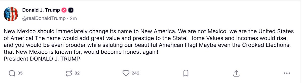 joeygarrison's tweet photo. President Trump calls for New Mexico to "immediately change" its name to New America. https://t.co/u8zXGRxUHJ