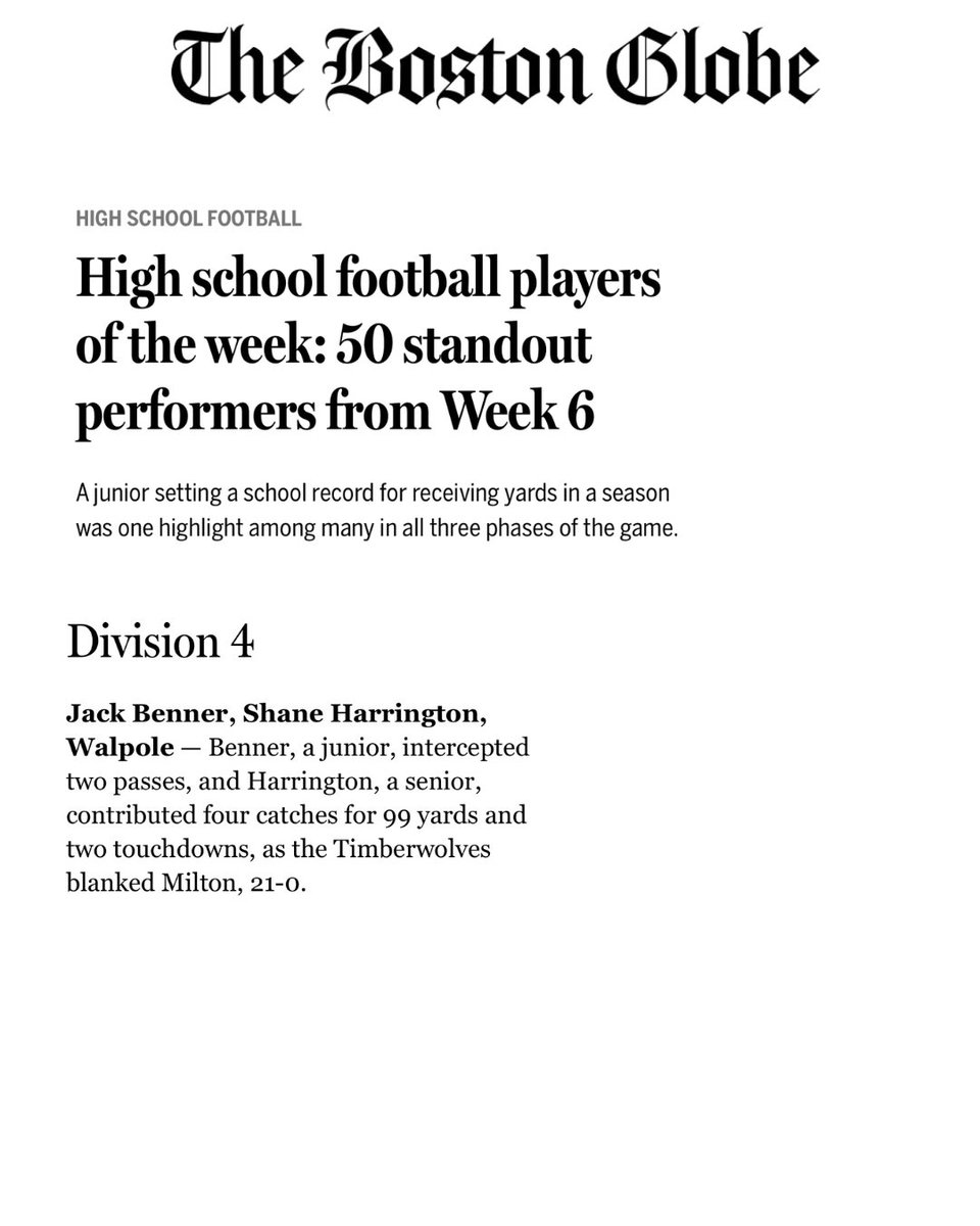 WalpoleFootball's tweet photo. Congratulations to @JackBenner28 and Shane Harrington for being named Boston Globe Players of the Week! We are so proud of you both for representing our team, school and town! https://t.co/z9XMnMTjP8