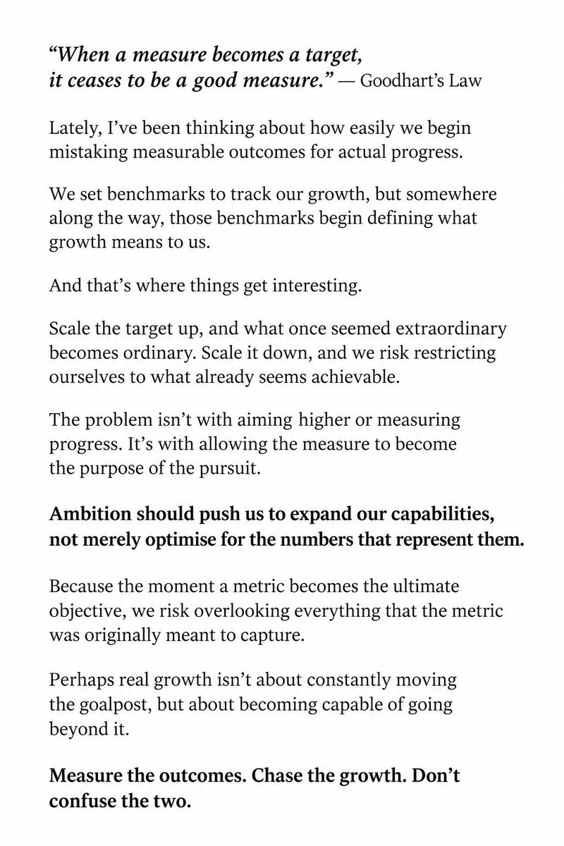 BGCodes's tweet photo. I think the strongest idea here is that metrics should remain a consequence of growth, rather than becoming its sole definition.

It preserves the hunger to achieve more without making an argument for either lowering expectations or abandoning measurable goals. https://t.co/RgXBdVcecG