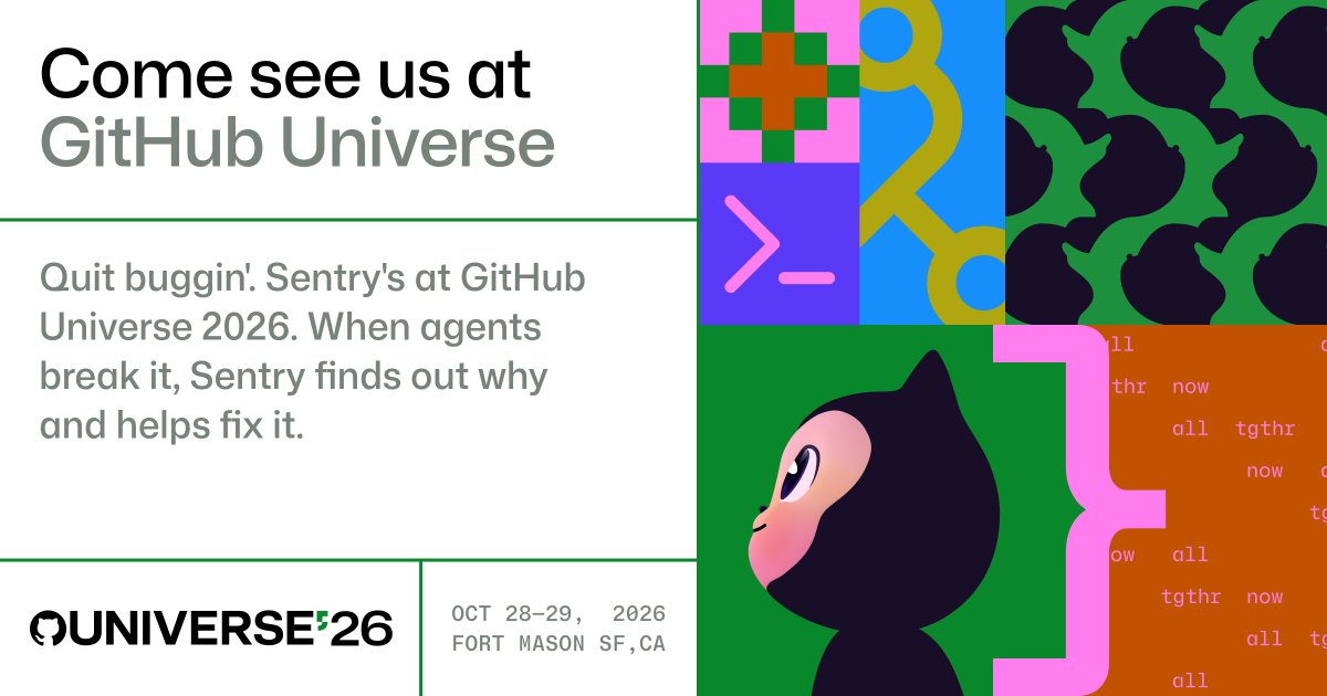sentry's tweet photo. GitHub Universe is in less than two weeks and here’s where you can find us 🤝

🎙️SF Syntax Meetup - 10/27 @ 5pm
🍹Ship & Sip party with Sentry & LaunchDarkly - 10/28 @ 5:30pm
🗣️Opening the black box | A chat with Serge - 10/29 @ 9am

RSVP for all events here: https://t.co/9bjBVrt2Ac