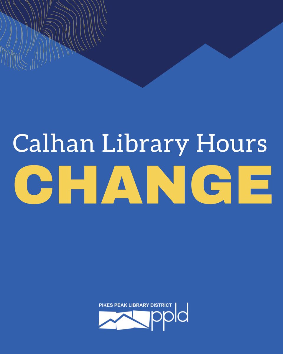 ppld's tweet photo. As of Mon., Oct. 26, Calhan Library staffed hours will change to Mon., Tue., &amp; Fri. | 10 a.m. – 2 p.m. and Wed. – Thu. | 1 - 5 p.m. For information about hybrid hours, go to https://t.co/PXCCYGH7NN. 

We welcome your questions. Email us at socialmedia@ppld.org. https://t.co/E8Q2z3U9Zz