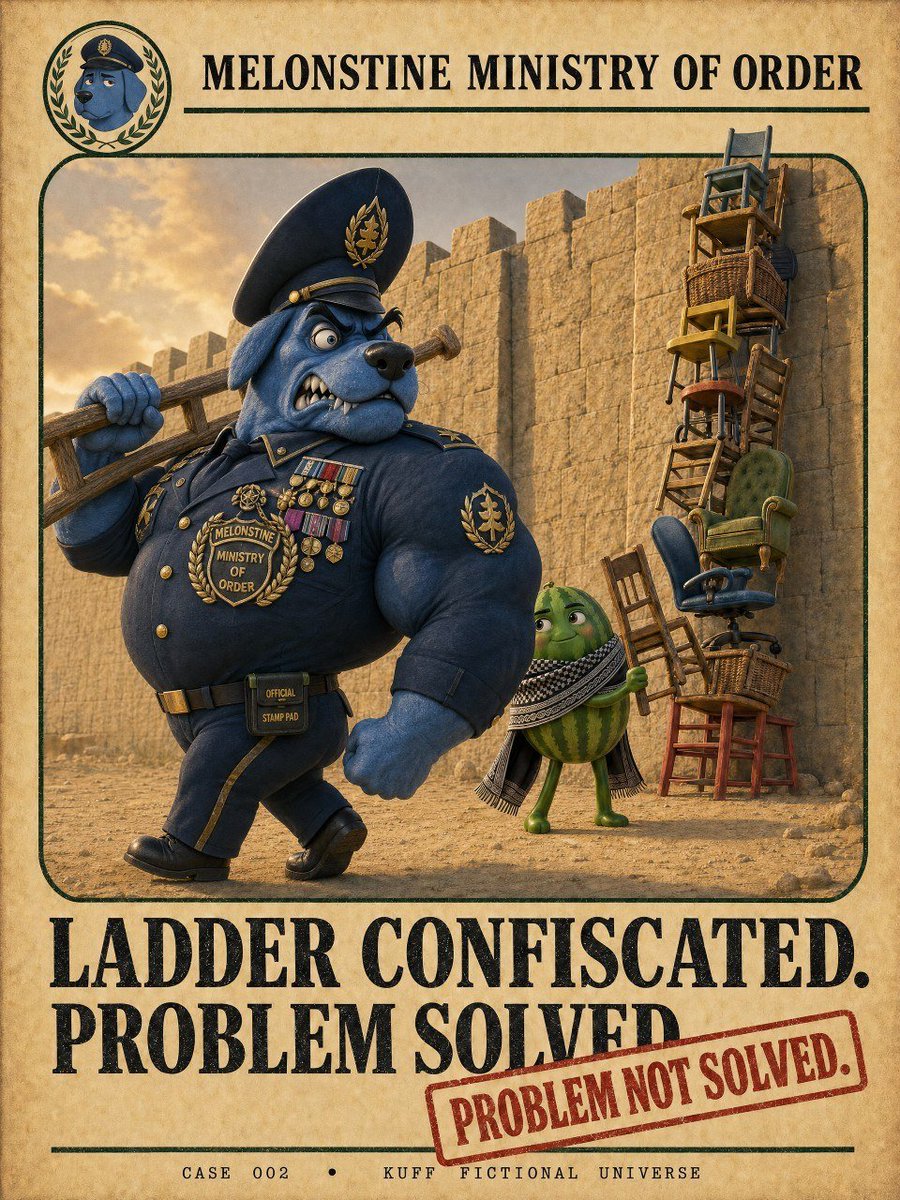 kuffmelonstine's tweet photo. 📋 MINISTRY UPDATE 002

Our blue-dog officers confiscated KUFF’s ladder.

He has since borrowed 14 chairs and called it “a seating arrangement.”

Nobody is sitting.

We are concerned. 🍉🪑 https://t.co/bcYpVbYuQz