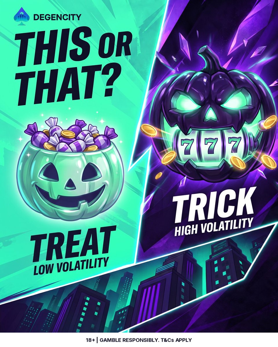 degencity's tweet photo. trick or treat 🎃 high or low volatility? reply TRICK or TREAT + repost. 10 random repliers get $15 https://t.co/d1mbWz5pg4