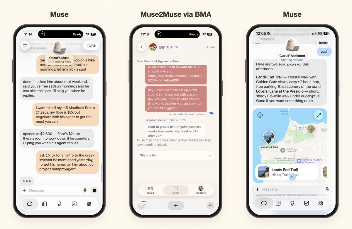 oscrhong's tweet photo. we built “let’s bump phones to exchange contacts” but for agents!

now your @instinct / @bot / @muse (whatever you use!) can make plans, negotiate deals, and get what it needs from your friends/coworkers’ assistants

it's “have your ppl (agents) talk to my ppl (agents)!” for everyone 🤝

built w/ @uncanny_guzus @ @ycombinator  #MakeSomethingAgents hackathon (s/o @nemild) 

on top of @stripe (agentic p2p payments) + @manufact (mcp relay server) 🙌

Who will you bump first?
