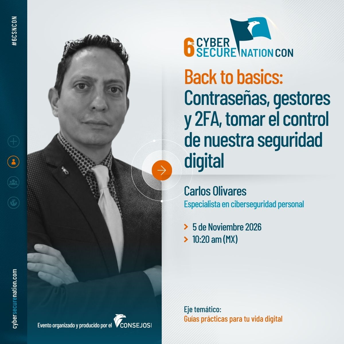 CONSEJOSIAC's tweet photo. 🔑 ¿Sigues intentando recordar todas tus contraseñas?
Carlos Alberto Olivares Pérez te enseña a usar un gestor y dejar de depender de tu memoria.
📅 05 NOV | ⏰ 10:20 am (MX)
Regístrate en el #6CSNCON 👉https://t.co/dZ8Gh47LPh
#Ciberseguridad #Contraseñas https://t.co/vmvZTec2rR