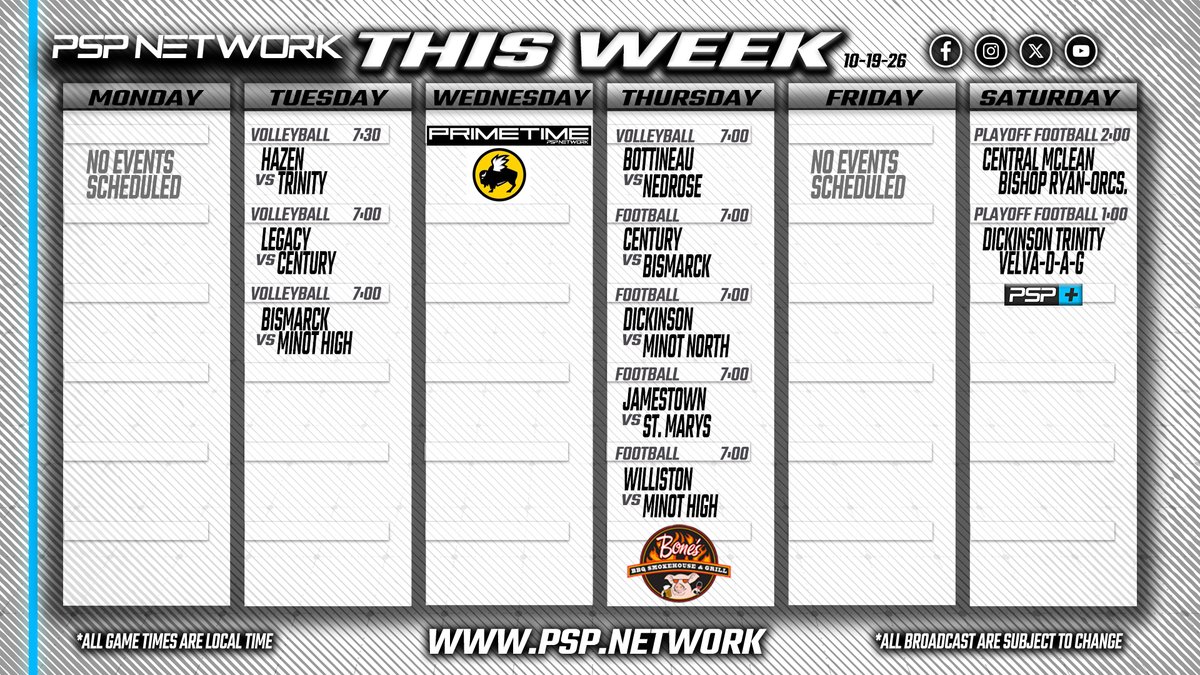 NetworkPsp's tweet photo. 📅👀 THIS WEEK ON THE NETWORK!
10-19-26
💻📺 WATCH LIVE: https://t.co/maTgn2l0vY or on YouTube!
PLAYOFF FOOTBALL IS ON PSP+ (subscription required) https://t.co/maTgn2l0vY

✅ like/follow/share to help us promote local athletes
@wdasports #NDpreps #ITSGAMEDAY https://t.co/fiWSBAUjei