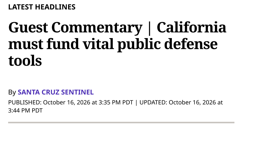 CruzDefender's tweet photo. “Public defense is where public health meets public safety.”

Public Defender Heather Rogers’ Sentinel commentary considers why California must fund the teams that defend clients and connect them to treatment, housing and lasting stability.
https://t.co/VCJBEdRXM2 https://t.co/0AVWQAPqDR