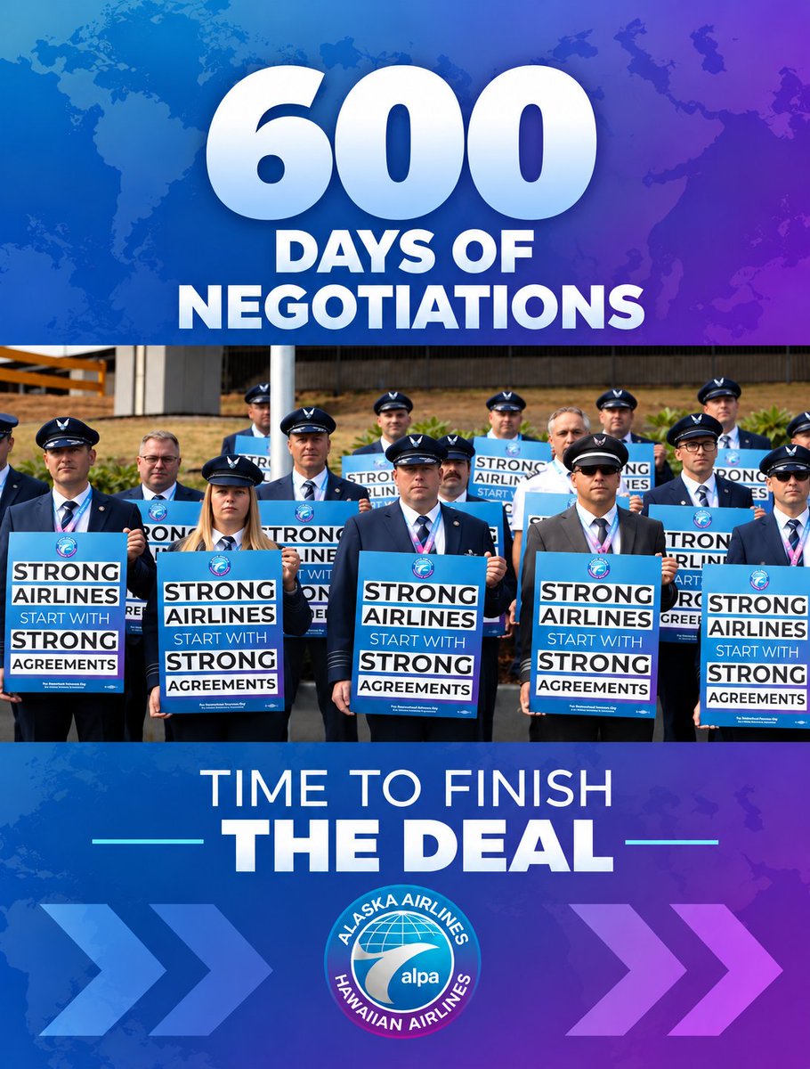 AlaskaHawaiian's tweet photo. Today marks 600 days of joint contract negotiations for Alaska-Hawaiian pilots. Our pilots deliver industry-leading performance every day. With talks set for November, we expect management to bring that same commitment to the bargaining table and finish the deal. https://t.co/Mbk1hZVf6I
