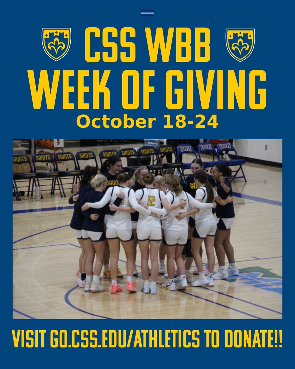 CSSWBBall's tweet photo. Week of Giving is here! Help Saints Women’s Basketball go to Texas next year! Every gift counts toward the $10K team challenge, and Friends of CSS Athletics are matching are matching gifts up to $1,000! Let’s climb the leaderboard! Go Saints! 

Link is in our bio! https://t.co/RiHjJsRQ6t