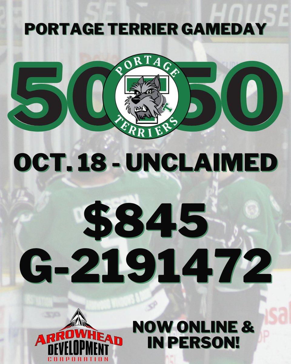PortageTerriers's tweet photo. CHECK YOUR 50/50! Last night's Terrier 50/50 brought to you by Arrowhead Development went unclaimed! If this is your winning number, please email portageterriers@outlook.com https://t.co/b0fLcFh9jn