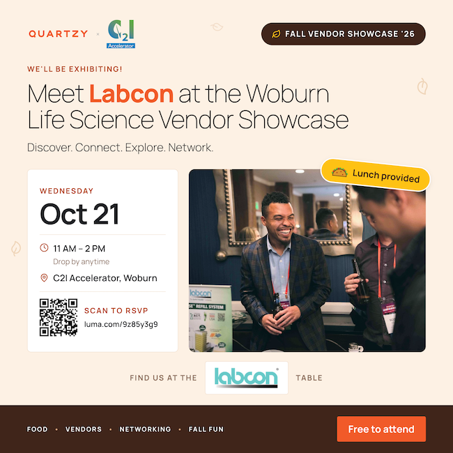 labcon's tweet photo. Join us at the Quartzy and C2I Accelerator Fall Vendor Showcase in Woburn October 21st. We will be showing our ACT® eco label products and our new EVOLVE™ line. Scan the bar code to register or click the link https://t.co/KKWalh4Ruk @Quartzy https://t.co/VOZ1UBbFmS