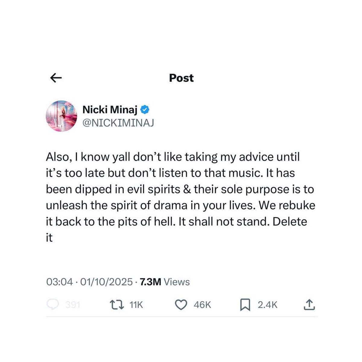 MarajestyEliteV's tweet photo. I’m telling you all to stop listening to that music. Nicki Minaj already warned you about what they’re putting in it. If you retweet any of that music, you will be blocked

Stop giving them free promo https://t.co/JvzqqF51G5