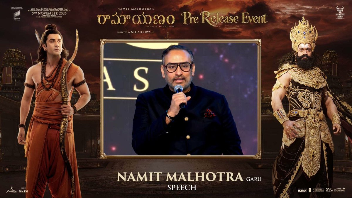 SVCRelease's tweet photo. Watch Producer #NamitMalhotra Garu speech @ #RAMAYANA Part - 1 Telugu Pre-Release Event Hyderabad❤️‍🔥

▶️ https://t.co/exViH4l3dM

#RAMAYANA In Cinemas WORLDWIDE, across all premium formats, from 5th November 2026.🏹

AP &amp; TG by @SVCrelease 💥 https://t.co/xoTsOPC4wp