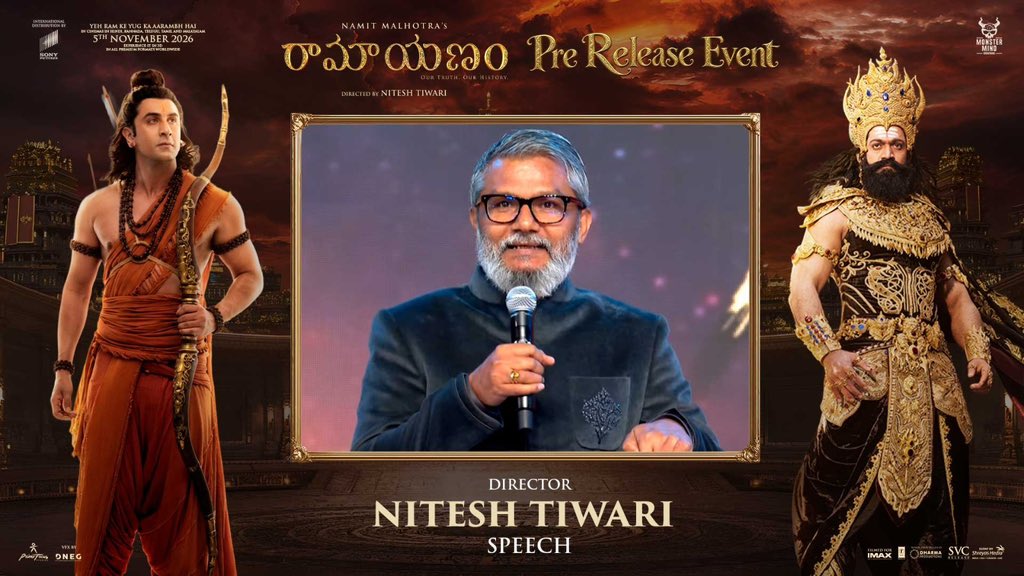 SVCRelease's tweet photo. Watch Director #NiteshTiwari Garu speech @ #RAMAYANA Part - 1 Telugu Pre-Release Event Hyderabad❤️‍🔥

▶️ https://t.co/z8nAcERK75

#RAMAYANA In Cinemas WORLDWIDE, across all premium formats, from 5th November 2026.🏹

AP &amp; TG by @SVCrelease 💥 https://t.co/G71IKi1t9j