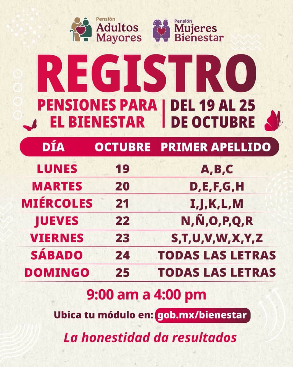 avisosbienestar's tweet photo. Este 19 de octubre inicia el registro de las pensiones para Adultos Mayores y Mujeres Bienestar.

La atención será por apellido hasta el viernes 23. El sábado 24 y domingo 25 podrán acudir todas las letras.

Horario: 9:00 a 16:00 h.
Módulos: https://t.co/vFKCs7OIOC https://t.co/jNy8SEFQsX