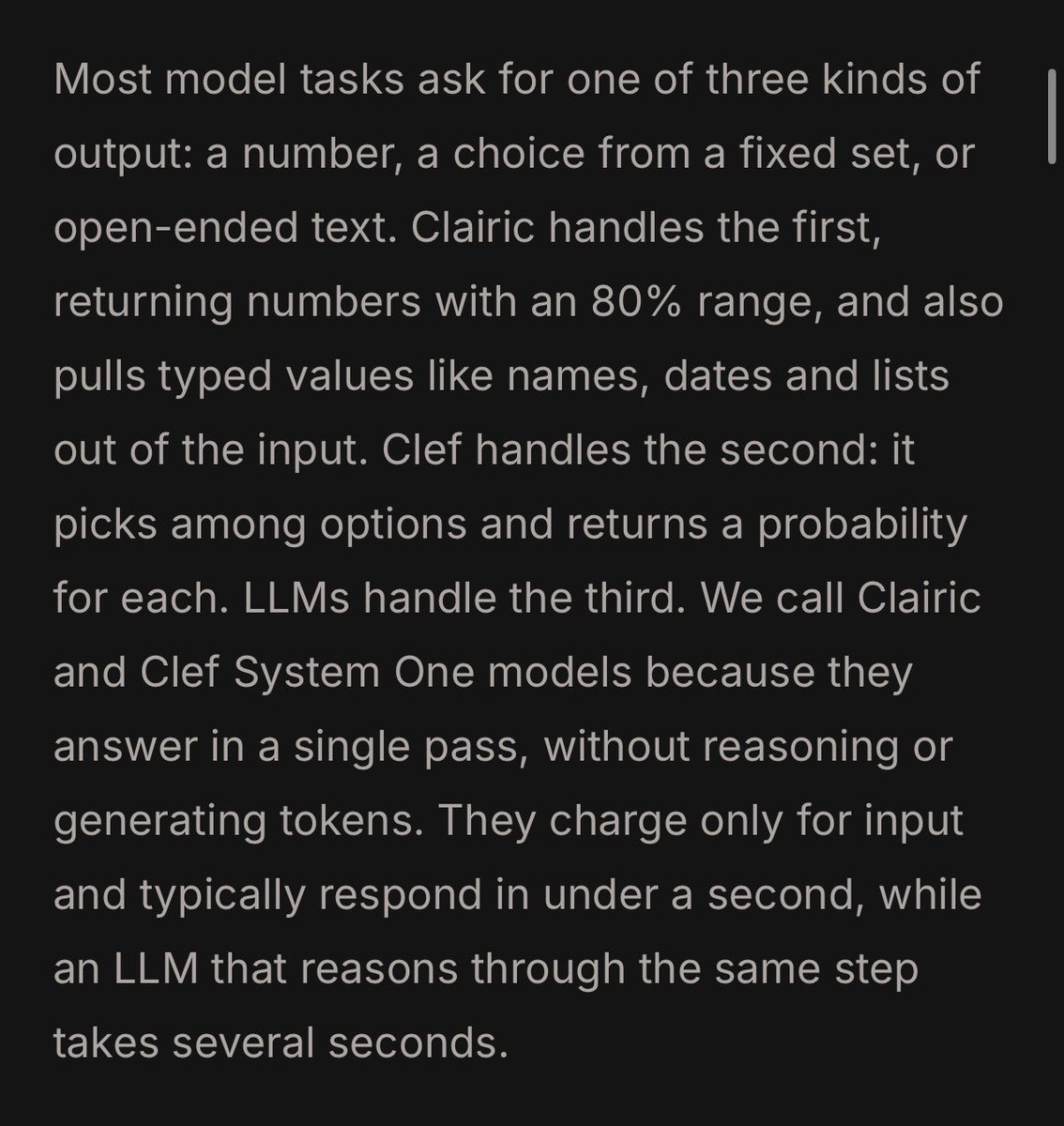 NickADobos's tweet photo. New Jev like model from Cloudflare!

Decision models are out already lol. 
We got system 1 models now

Cool thing about this, unlike Jev which can only return decision probabilities, this can also extract text, computed and estimated values. Because it's not generating new text tokens, it can't hallucinate, but it still lets you pull exact words and figures out into structured json.

Super handy for asking questions like how many, or how often. A new type of smart if statement similar to Jev but for different questions.