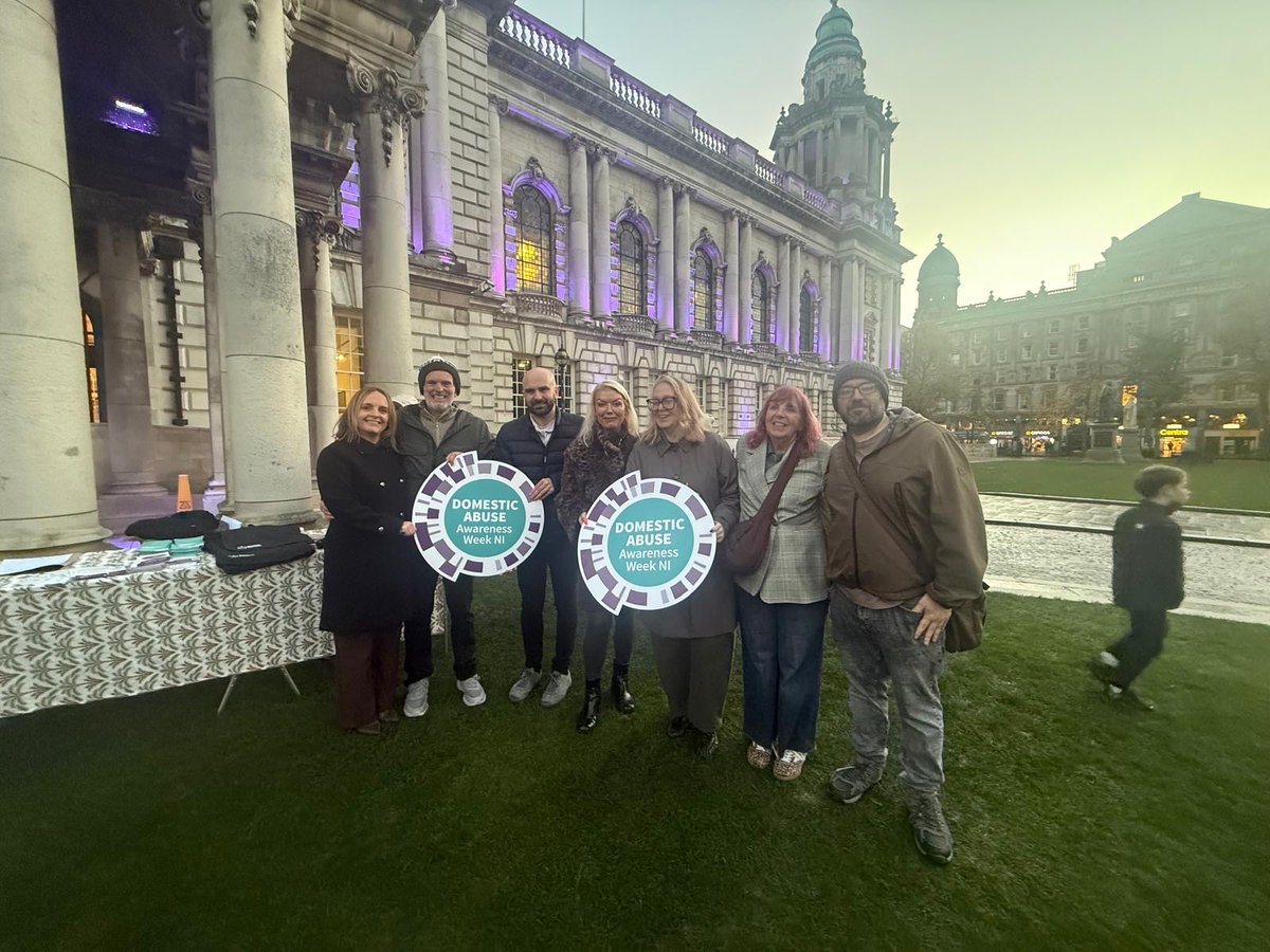 BrendanArmagh's tweet photo. No home should ever be a prison of fear, anxiety, domination and hurt.

At Belfast City Hall for the launch of the Housing Executive’s domestic abuse awareness week. The building was lit up in purple to show victims that they aren’t forgotten and without help. https://t.co/SLbcg1CCWO