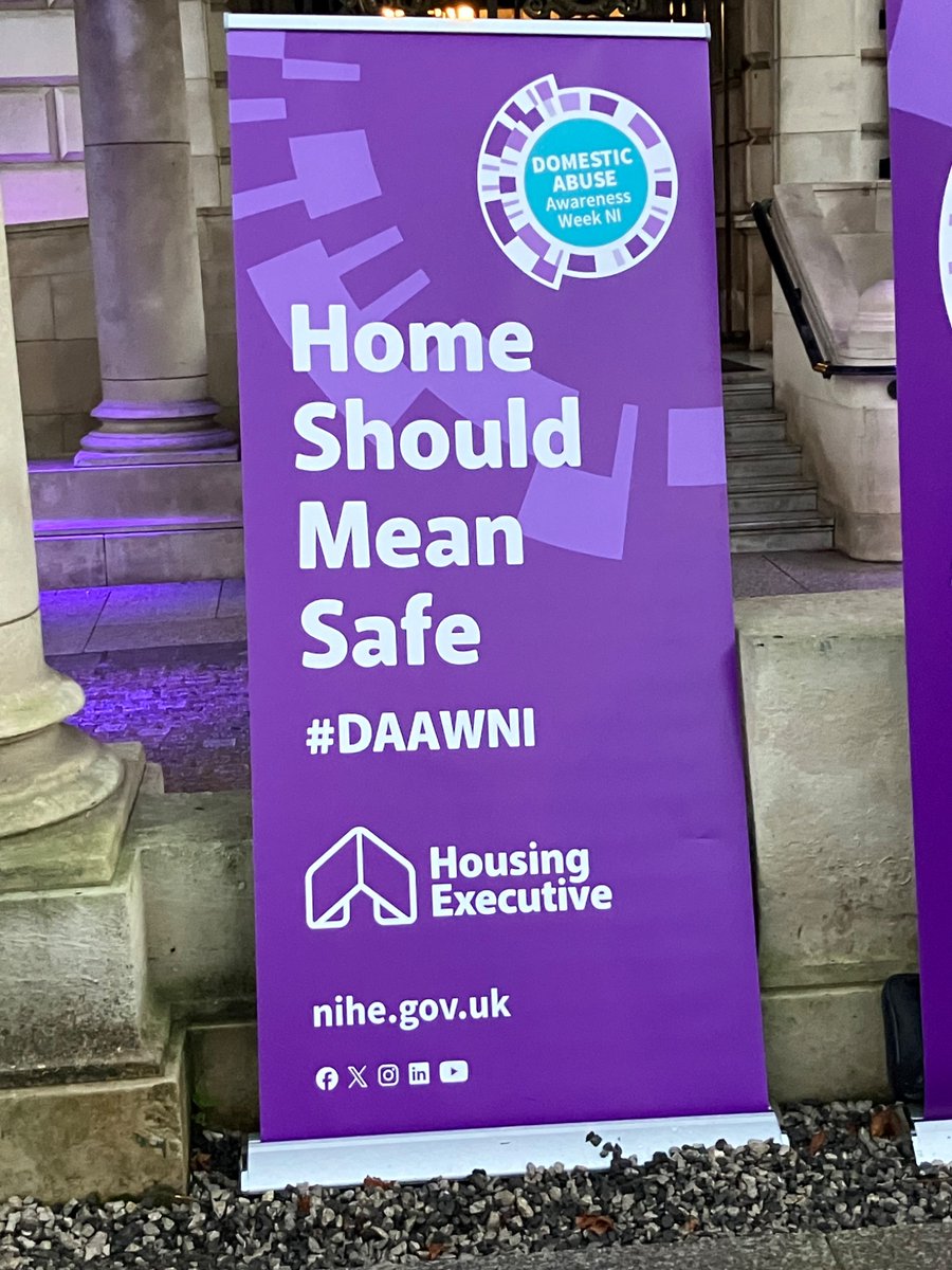 BrendanArmagh's tweet photo. No home should ever be a prison of fear, anxiety, domination and hurt.

At Belfast City Hall for the launch of the Housing Executive’s domestic abuse awareness week. The building was lit up in purple to show victims that they aren’t forgotten and without help. https://t.co/SLbcg1CCWO
