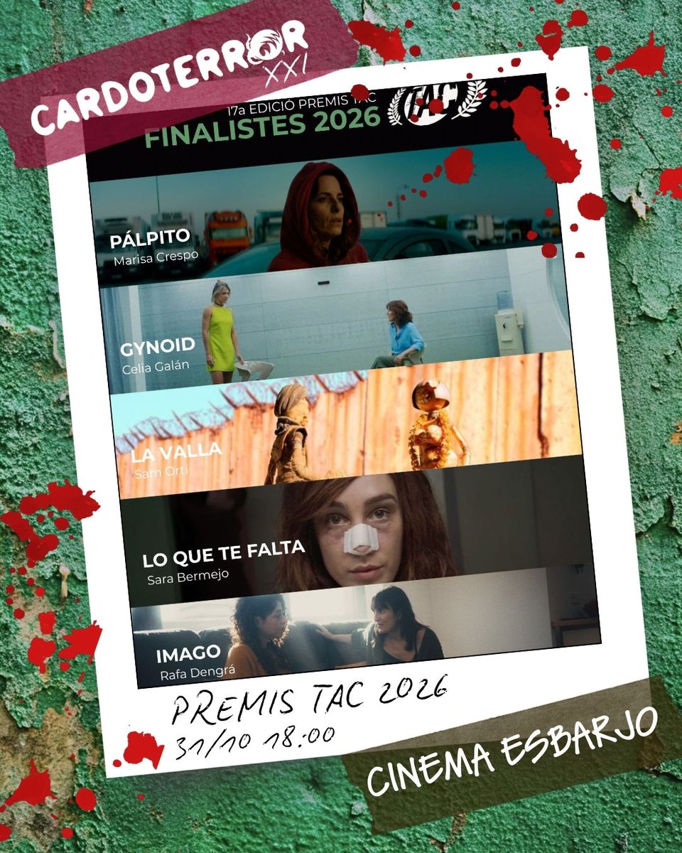 Cardoterror's tweet photo. Divendres 31 - 18:00h

Projecció dels cinc curts finalistes i lliurament dels Premis TAC 2026 als millors curts de producció catalana.
 @taccatalunya

- PÁLPITO
- GYNOID 
- LA VALLA
- LO QUE TE FALTA
- IMAGO https://t.co/up31QBIksL