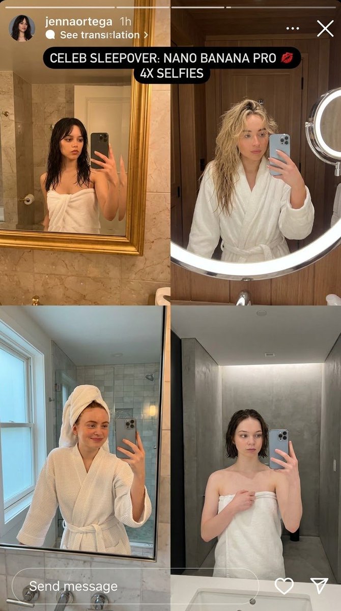 vibes64505's tweet photo. 🚿💋 CELEB SLEEPOVER?! 😭🤍 Jenna Ortega, Sabrina Carpenter, Sadie Sink &amp; Emma Myers in their post-shower era! Wet hair, cozy robes &amp; IT-GIRL energy. 🎀✨ Who’s inviting you to the next sleepover? 👀

#JennaOrtega #SabrinaCarpenter #SadieSink #EmmaMyers https://t.co/M5NkrlYALi