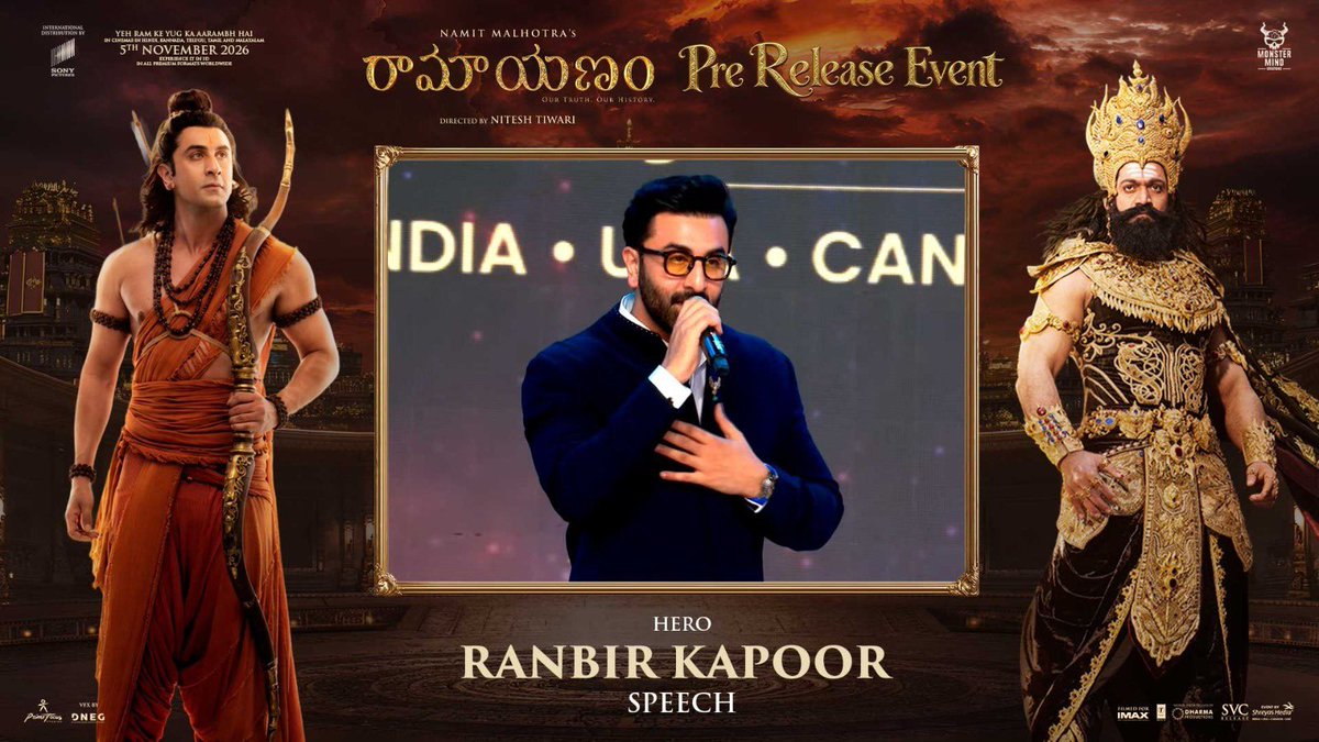 SVCRelease's tweet photo. "I Hope You Guys Just Don't See A Movie, I Hope That You Can Go Back To Stories That Grand Parents Told You, The Values Your Parents Taught You, And Reminded Of Goodness That Lives In All Of Us" - #RanbirKapoor 

https://t.co/MyEqAYmQr8

#RAMAYANAonNov5th 

AP,TG by @SVCrelease💥 https://t.co/v5QOAPsUgz
