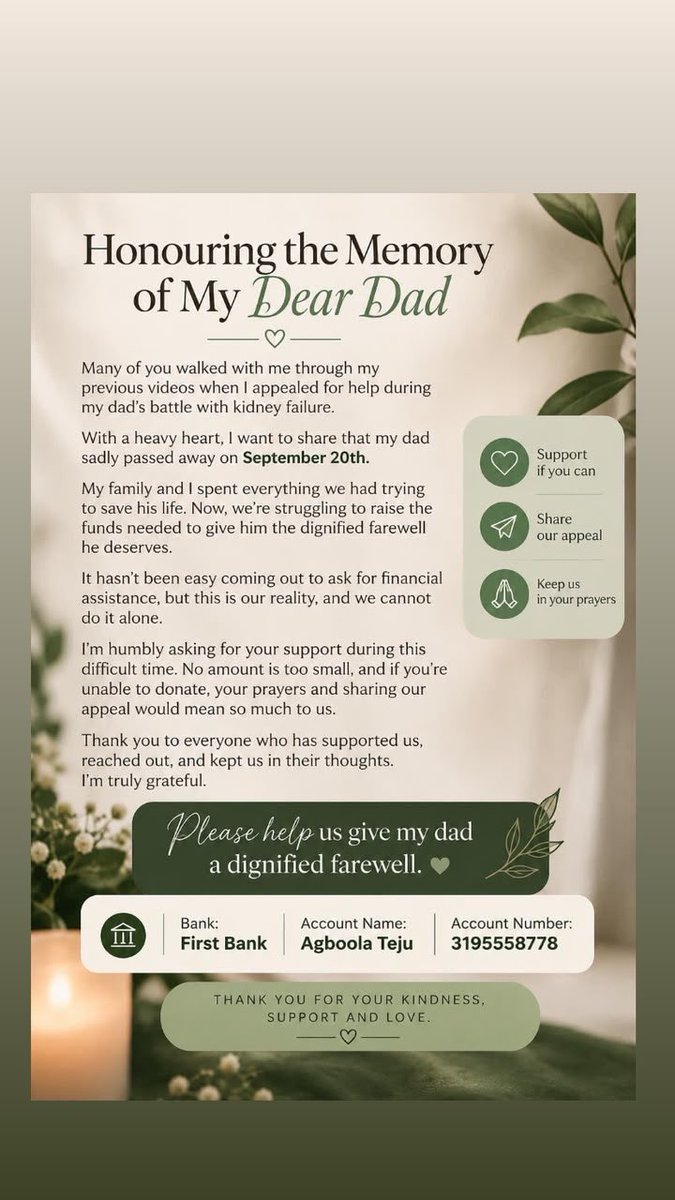 cakesbyjade__'s tweet photo. CALL FOR SUPPORT!🙏🏽❤️

Please, my colleague, @ shebacakes_n_bakes and family has been going through an incredibly difficult time. They exhausted all their resources trying to save her dad, who was battling kidney failure. Sadly, despite all their efforts, he passed away.
… https://t.co/kzVUzoBeqO