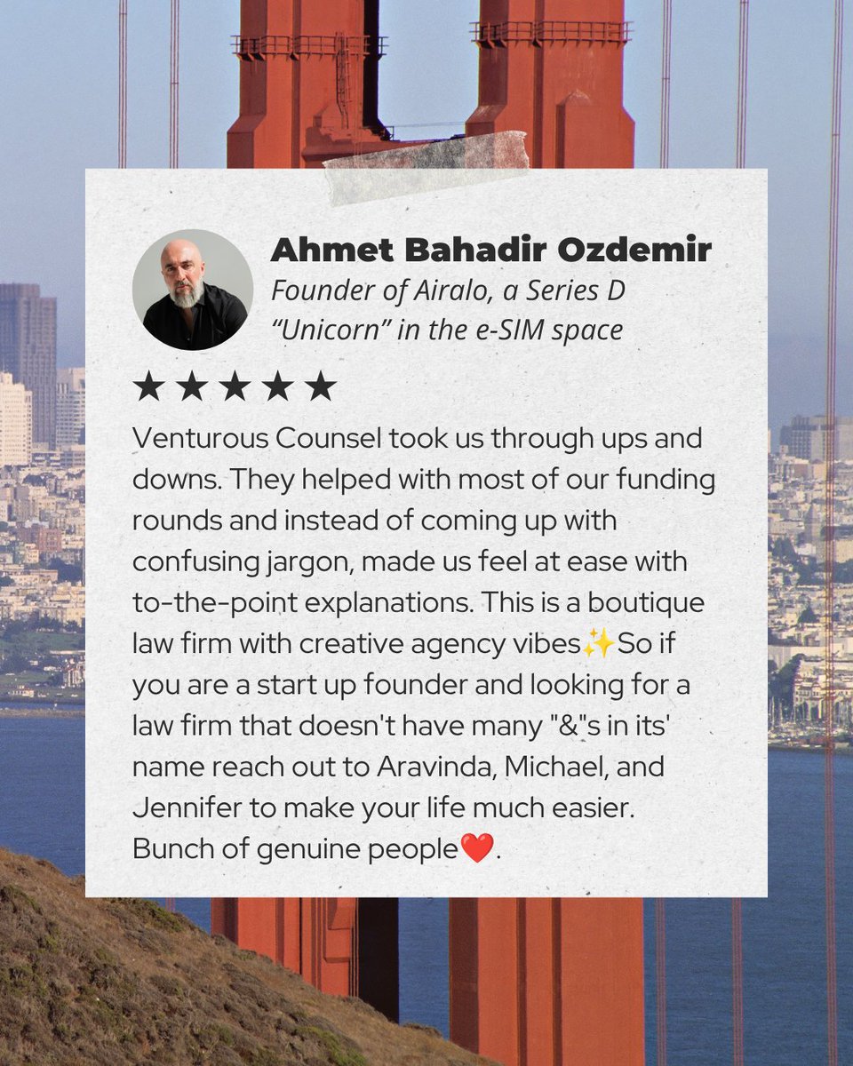 VCLawFirm's tweet photo. Could you explain the important terms in your financing documents without your lawyer in the room? That’s the goal. Ahmet Bahadir Ozdemir of Airalo trusted us to help him navigate fundraising and venture financing with clear, practical startup legal counsel. #VentureFinancing https://t.co/Ea45qvz9W4