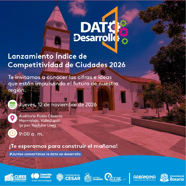 ColombiaCompite's tweet photo. ¡Nos vemos en Valledupar! 🇨🇴

Este jueves 12 de noviembre presentan el Índice de Competitividad de Ciudades 2026. Cifras e ideas clave para el desarrollo de la región, en vivo a las 9:00 a. m. desde el Auditorio Pablo Oliveros Marmolejo o por YouTube Live.   

Asegura tu cupo aquí: https://t.co/vUu1hPc0By