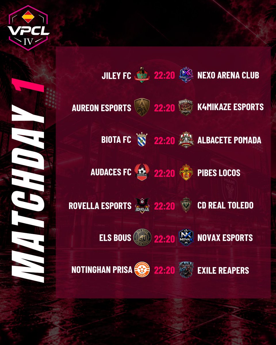 VPCL_Spain's tweet photo. 🚨 JORNADA 1 — VPCL Two 🚨

Empieza VPCL, empieza la competición, empieza lo bonito.  

• @Aureonesportscd  🆚#k4mikaze_esports

• @BiotaFC  🆚 @AlbacetePomada 

•  #AudacesFC 🆚 @PIBES_LOCOSFC 

📅Lunes — 22:20 CET https://t.co/2a4JcAyvHs