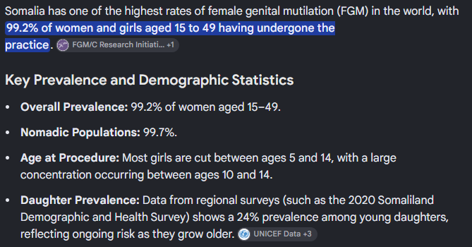 JimboSlice470's tweet photo. @Kaeos108 @Headshok1962 Percentage of Somalian females that have had their genitals mutilated. https://t.co/QD4Ey3DXQy