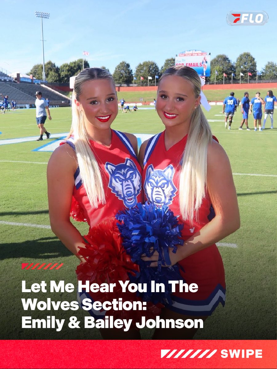 FloCheer's tweet photo. Let me hear you in the wolves section! 🐺 

We’re checking in with our college commit athletes to get an inside look at their game day experiences! We checked in with former Stingray Allstars Orange athletes, Emily & Bailey Johnson! Swipe to get an inside look at what their game days are like➡️