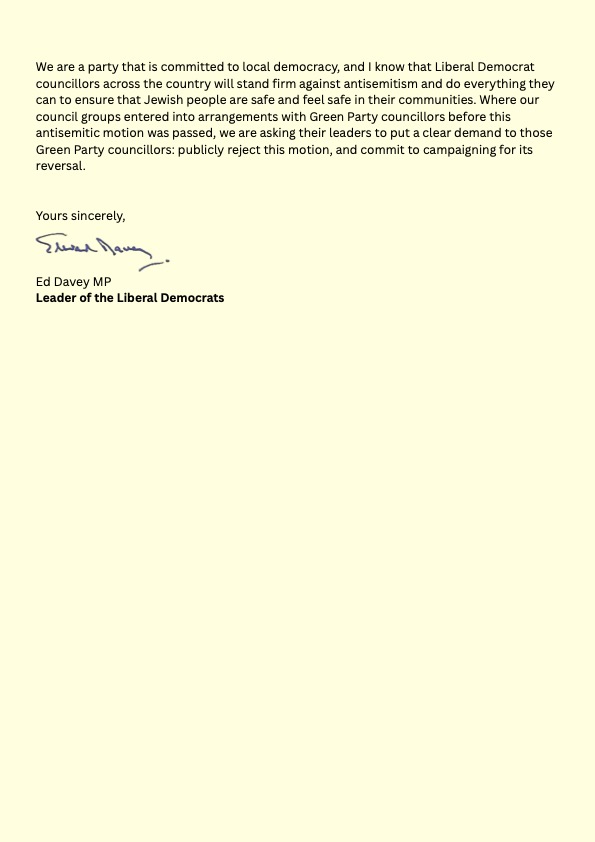 EdwardJDavey's tweet photo. I am ruling out our party entering into a national partnership with any party that is committed to a dangerous and antisemitic policy like the Green Party’s.
Here is my letter to the Jewish Leadership Council and the Board of Deputies of British Jews 👇 https://t.co/1DKp7jAAm1