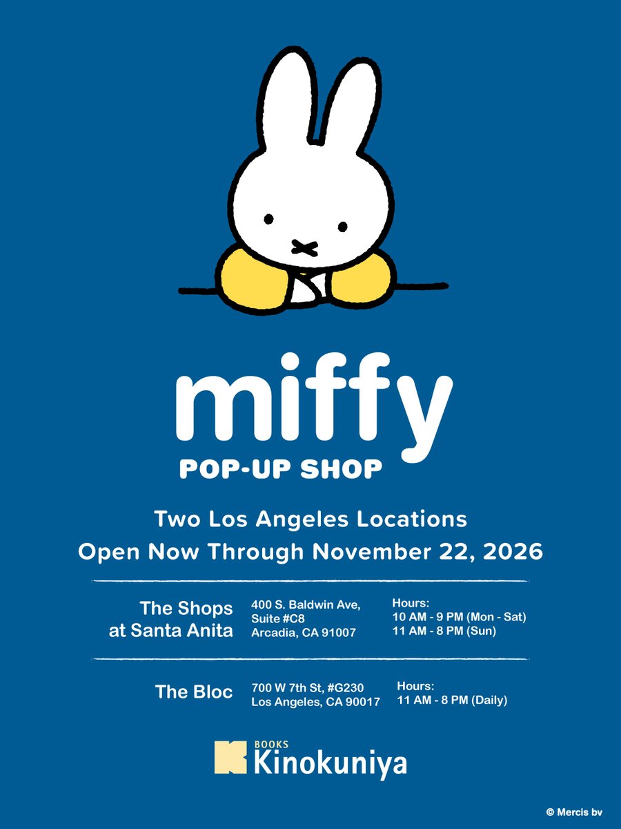KinokuniyaUSA's tweet photo. Calling all Miffy fans and lovers of all things cute! We're thrilled to announce our Miffy Pop-Up Shops are now open at two Los Angeles locations through November 22!

Whether you’re a longtime fan or are just discovering her charm, come explore a delightful collection of Miffy merchandise! Plus, enjoy free gifts with a qualifying purchase!

📍The Shops at Santa Anita
400 S. Baldwin Ave, Suite #C8, Arcadia, CA 91007
🕐 10 AM - 9 PM (Mon - Sat), 11 AM - 8 PM (Sun)

📍The Bloc
700 W 7th St, #G230, Los Angeles, CA 90017
🕐 11 AM - 8 PM (Daily)