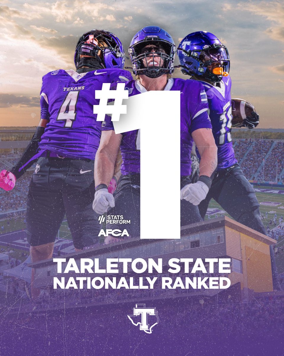 TarletonPrez's tweet photo. For the first time in @TarletonState history, @TarletonFB is ranked No. 1 in the nation!

Congratulations to our student-athletes, Coach Whitten and his staff on reaching this incredible milestone. The work continues, and we’re just getting started 💜🏈

#TarletonState #BleedPurple #RollTexans