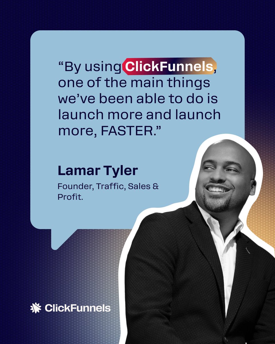 clickfunnels's tweet photo. @LarmarTyler quit his corporate job in 2007 after his employer shot down the internet ideas he pitched.

So he started building them himself.

He and his wife Ronnie launched a blog called Black and Married With Kids while they were both still working 9-to-5 jobs. They ran it from their bedroom.

The blog grew into documentaries, then an office and their first hire, then a media company on the Inc. 5000. Today Lamar runs Traffic, Sales & Profit, a community that teaches Black entrepreneurs to sell online.

Lamar runs his business on a loop he calls LAO.

→ Launch
→ Analyze
→ Optimize

You put something out, look at what the numbers tell you, fix what didn’t work, and put it out again. The more times you run that loop, the faster you learn what your audience will buy.

So when Lamar talks about ClickFunnels, speed is what he points to. More launches, built faster, means more turns of the loop.

In 2007, every idea he had needed someone else’s yes. Now the only thing standing between an idea and a launch is how fast he can build the funnel.