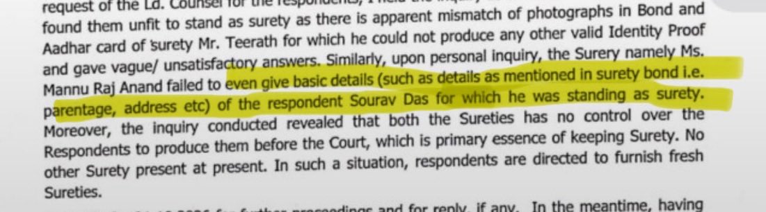 JaipurDialogues's tweet photo. This is Big! 

Saurav Das was not able to present basic sureties such as PARENTAGE AND ADDRESS 

He is fighting a case in Highcourt against @Iyervval @Pamphlet_in @JaipurDialogues where he has mentioned his father’s name 

Then, why shy away from giving details for the Bond? 

Court order of SEM