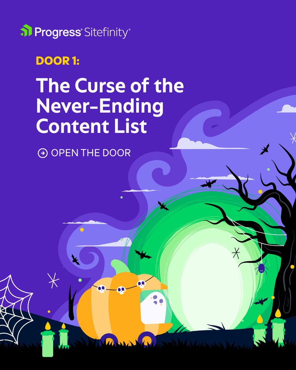 Sitefinity's tweet photo. 🎃 Trick AND treat, Sitefinity edition!

Five doors. Five tricks. Five treats. 👻

🚪 First up: The Curse of the Never-Ending Content List.

Swipe through to uncover a clever Sitefinity trick &amp; the treat waiting on the other side. 🍬

All 5 doors 👉 https://t.co/ztcBUSzLQu https://t.co/7g609uXVNF