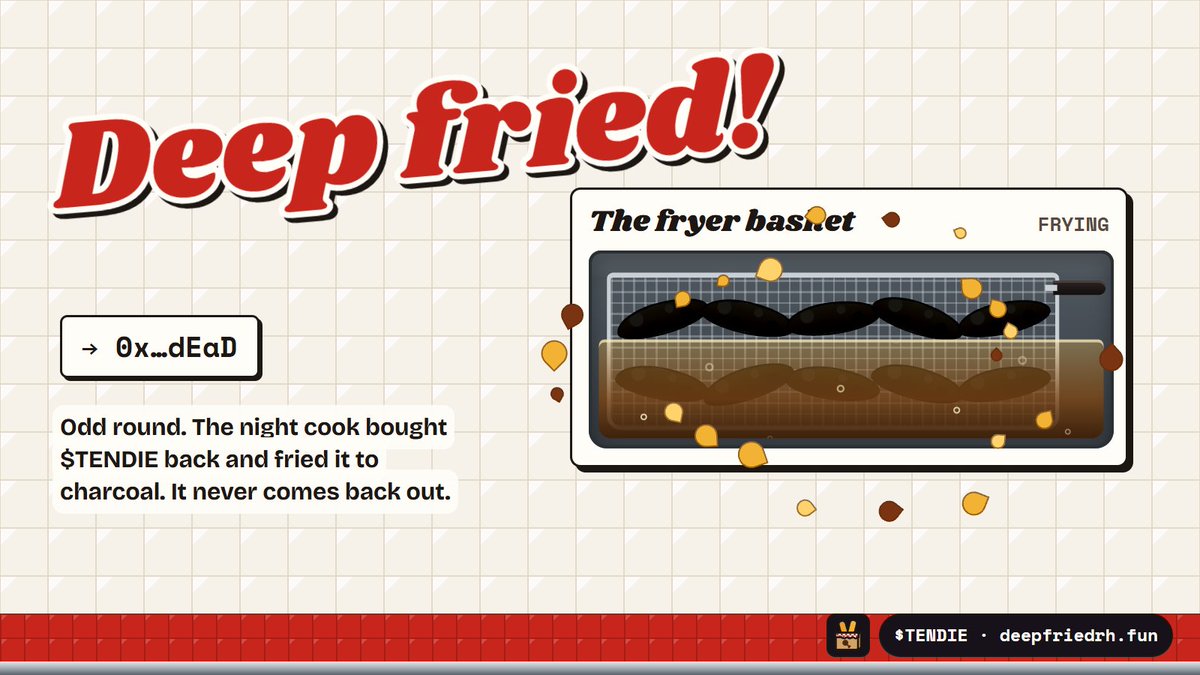 deepfriedrh's tweet photo. DEEP FRIED! 🔥

odd round. $TENDIE bought back and fried to charcoal → 0x…dEaD https://t.co/BqlVnhcJLz