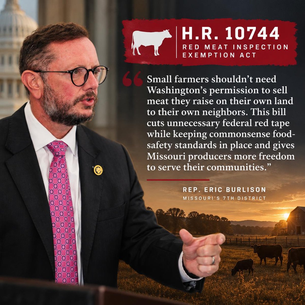 RepEricBurlison's tweet photo. More options for local producers. Less unnecessary federal red tape.

Solid legislation from @RepThomasMassie. Happy to support it. https://t.co/GMsUeeICKp