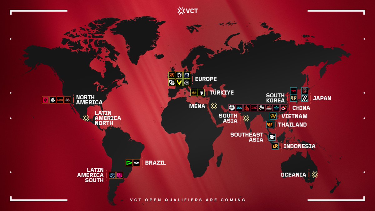 JustGold3n's tweet photo. GLOBAL MAP OF REGIONS REPRESENTED BY VCT 2027/2028 PARTNER TEAMS

Regions not represented by partners are:
• LATAM North
• MENA (Middle East &amp; North Africa)
• South Asia
• Oceania https://t.co/hMsCKGT1lu