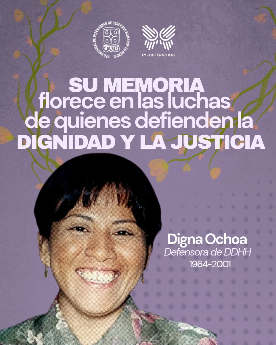 RedDefensorasMx's tweet photo. 💜 A 25 años del feminicidio de Digna Ochoa, desde la @RedDefensoras y la @IM_Defensoras honramos su memoria y su legado vivo en las luchas de las defensoras.

El Estado mexicano debe cumplir plenamente la sentencia de la Corte IDH de 2021. ¡La memoria también exige justicia! https://t.co/stnNYDey3W