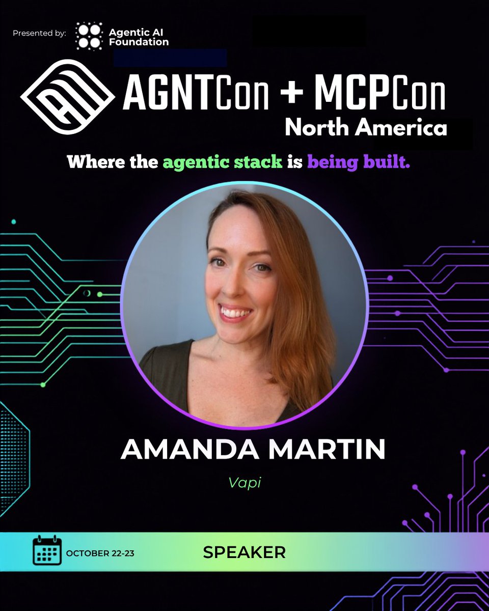 hey_amandam's tweet photo. Catch you all soon in San Jose for AgentCon NA! I'll be sharing strategies for conversation design around tool calling in your voice assistants and praying to the demo gods as always 

See you soon! https://t.co/yrIpq827vc
