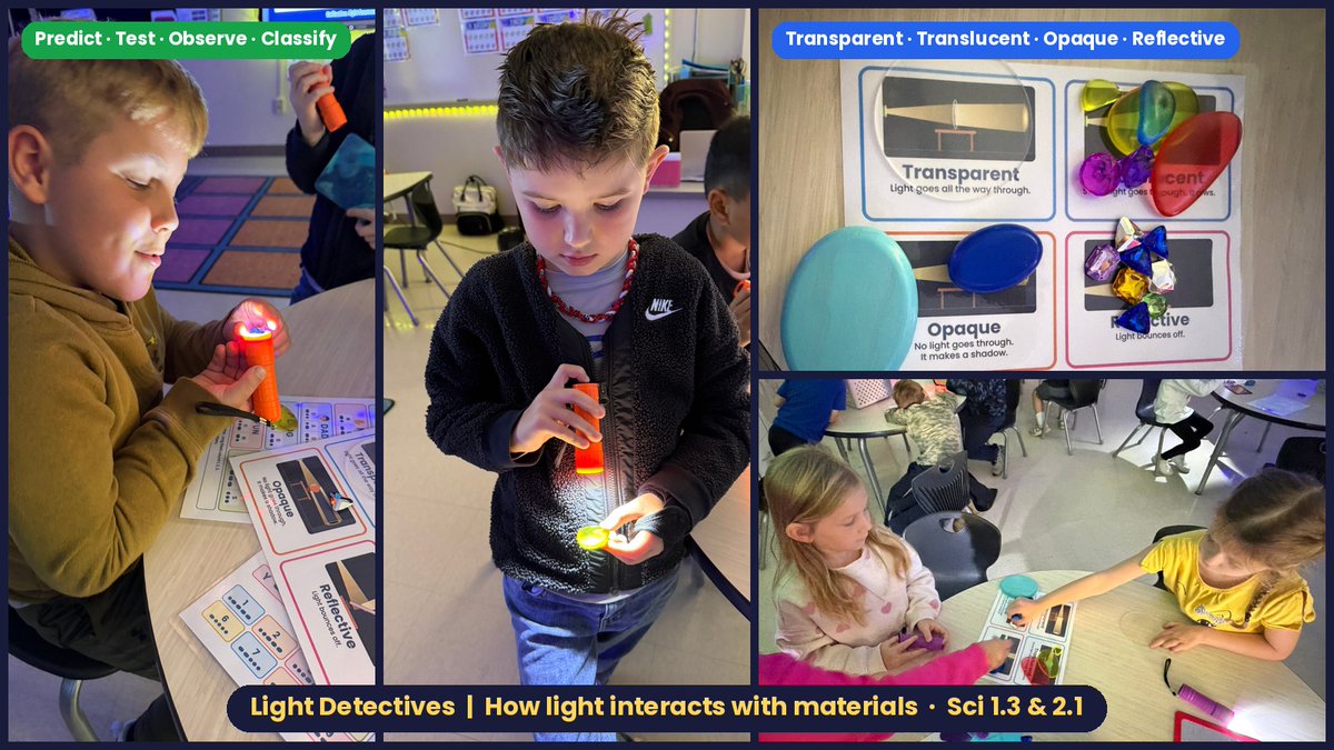 STEM_CCPS's tweet photo. Light Detectives 🔦 Our young scientists predicted, tested, observed &amp; classified how light interacts with materials: transparent, translucent, opaque &amp; reflective! #ALCOS Sci 1.3, 2.1 #STEM @BOECullmanCity @cullmanprimary @eshaddix1 @LindsayBrannon https://t.co/lOgfj6iWte