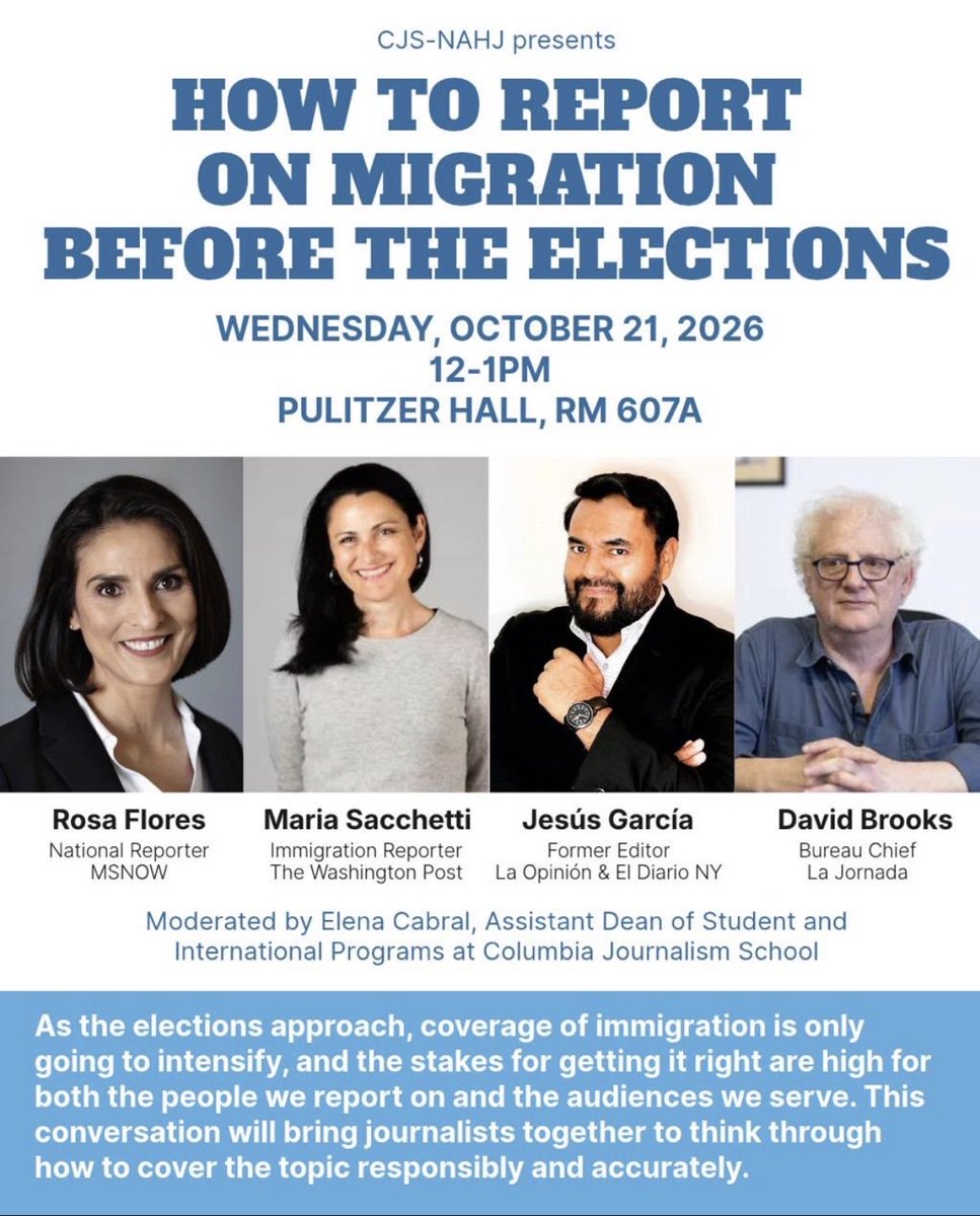 JesusGar's tweet photo. It’s an honor to be part of this panel at Columbia University with such professional colleagues Rosa Flores from @MSNOWNews, Maria Sacchetti from @washingtonpost, and David Brooks from @lajornadaonline. https://t.co/GjAstHNyHF